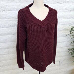 Encore By Idina Menzel Sweater Womens Small Maroon V-Neck Chunky Knit Oversized